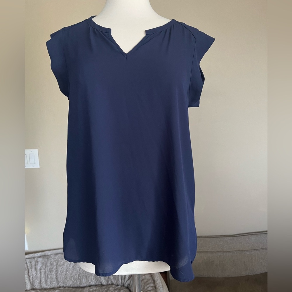 Pleione Navy Split-Neck Cap Sleeve Blouse
